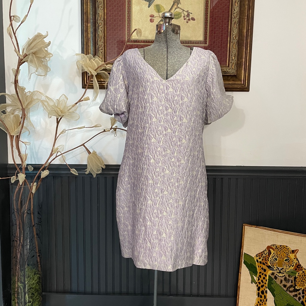 Nwt Greylin Cali Jacquard Lavender V-Neck Puff Sleeve Mini Dress Sz L